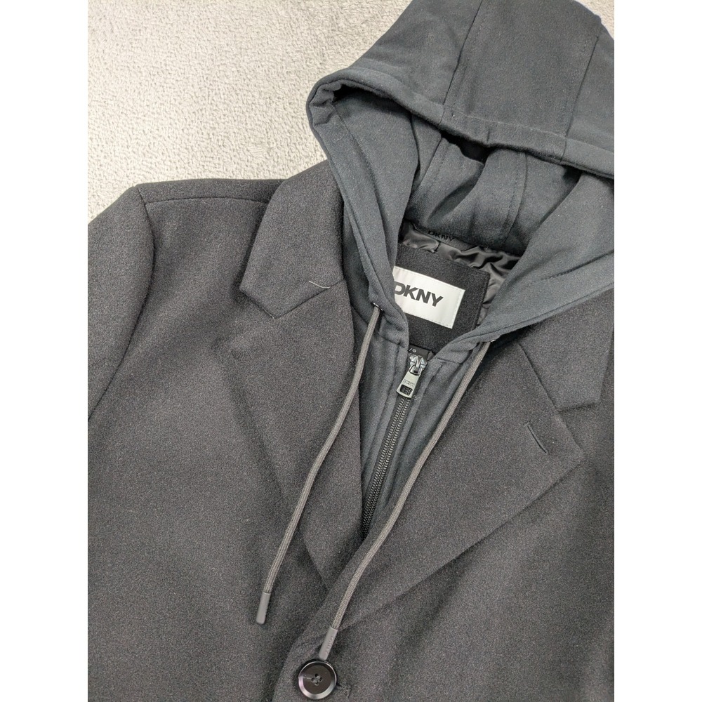 DKNY Mens Wool Blend Overcoat with Removable Hooded Bib Charcoal Black L